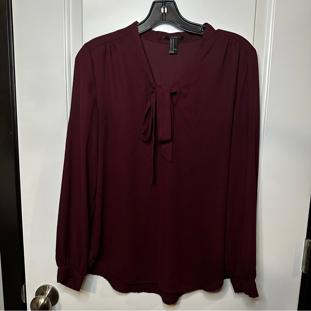 Forever 21 Burgundy Tie-Neck Blouse | Long Sleeve | Medium